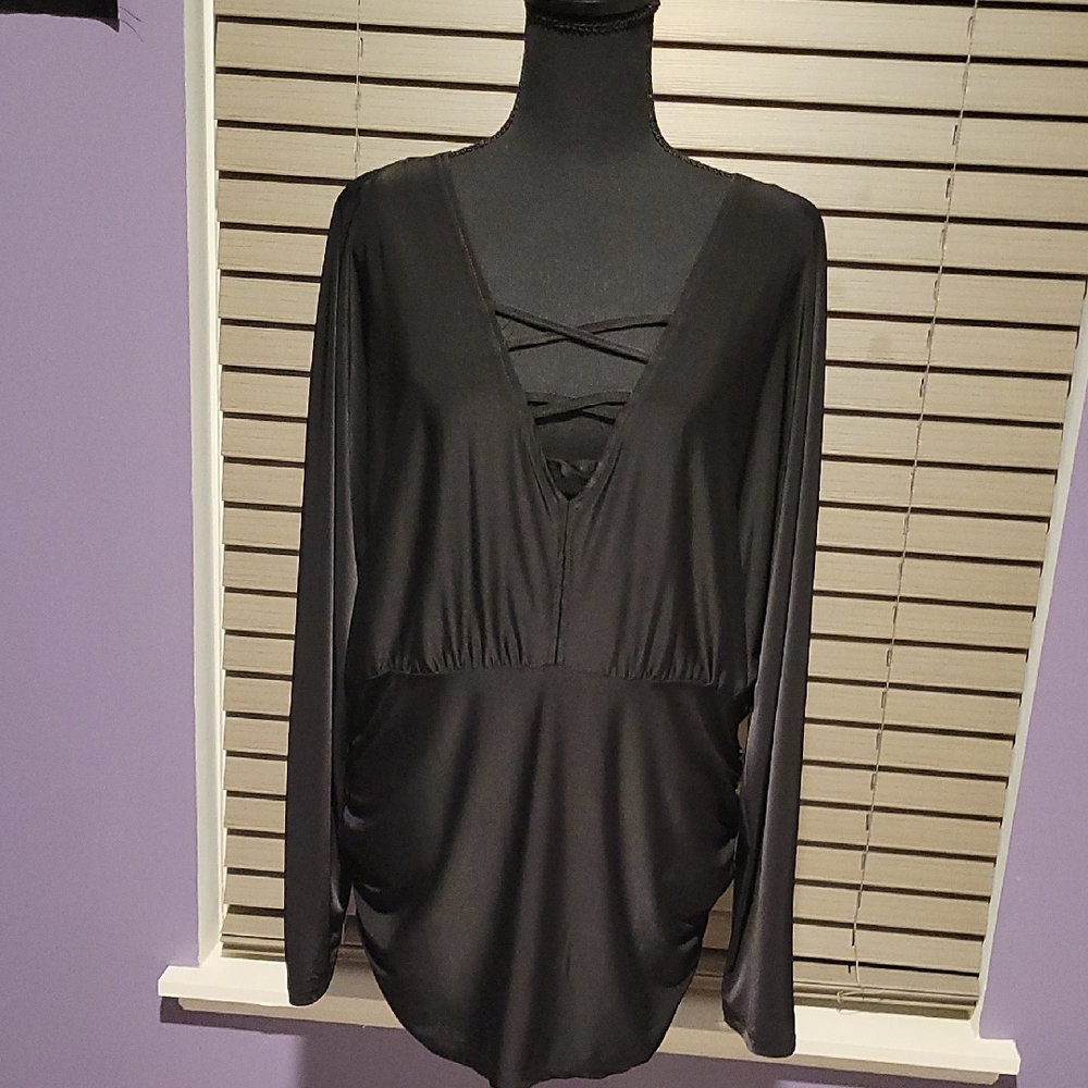 Ashley Stewart Black Asymmetrical Cut Out Long Sleeve Blouse
